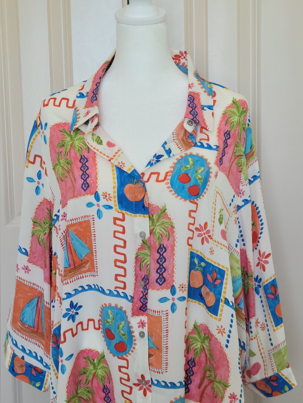 Rose & Olive Cream Button-Up Shirt with Pink, Blue & Orange Print